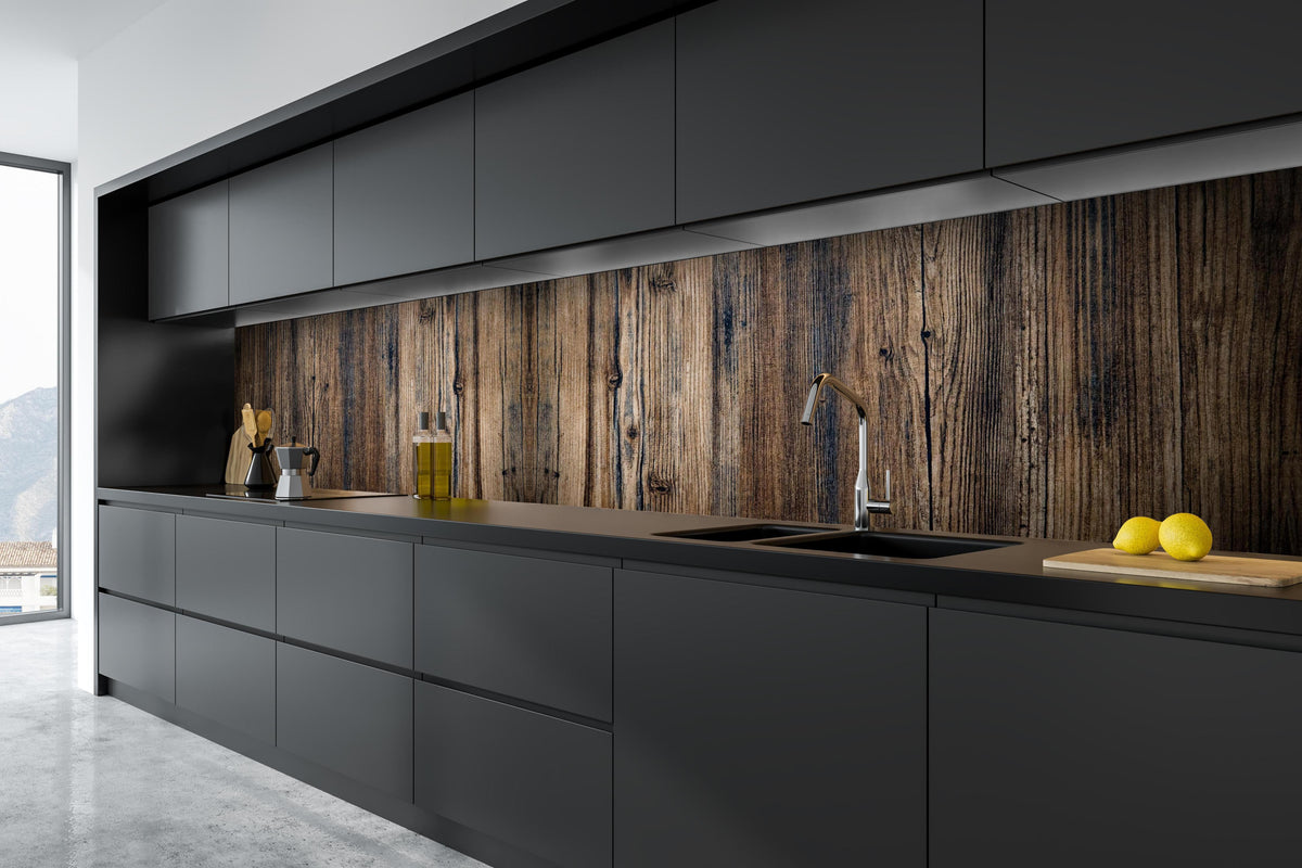 Küche - Bräunlicher Holz Hintergrund in tiefschwarzer matt-premium Einbauküche