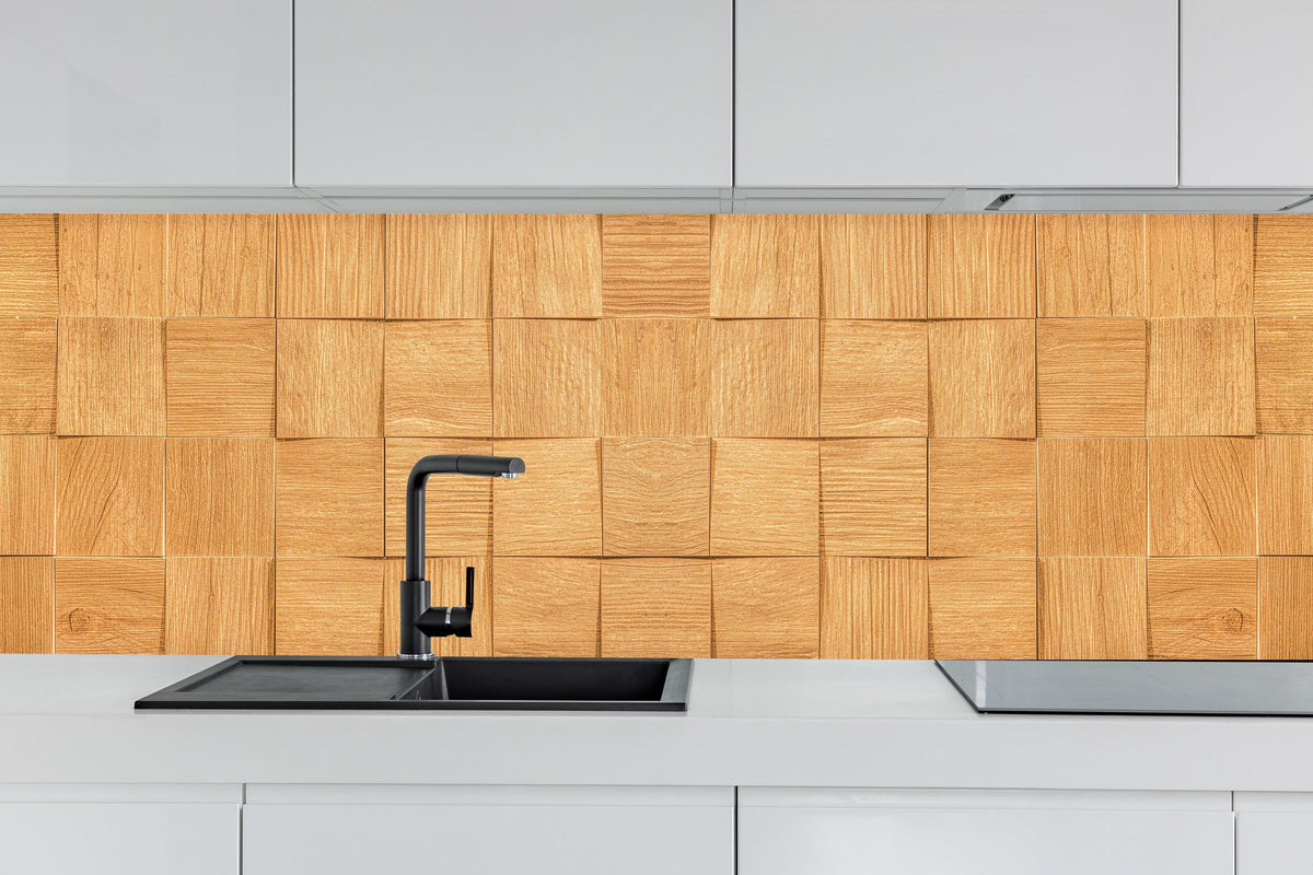 Küche - Braune Holzwürfeltextur hinter weißen Hochglanz-Küchenregalen und schwarzem Wasserhahn