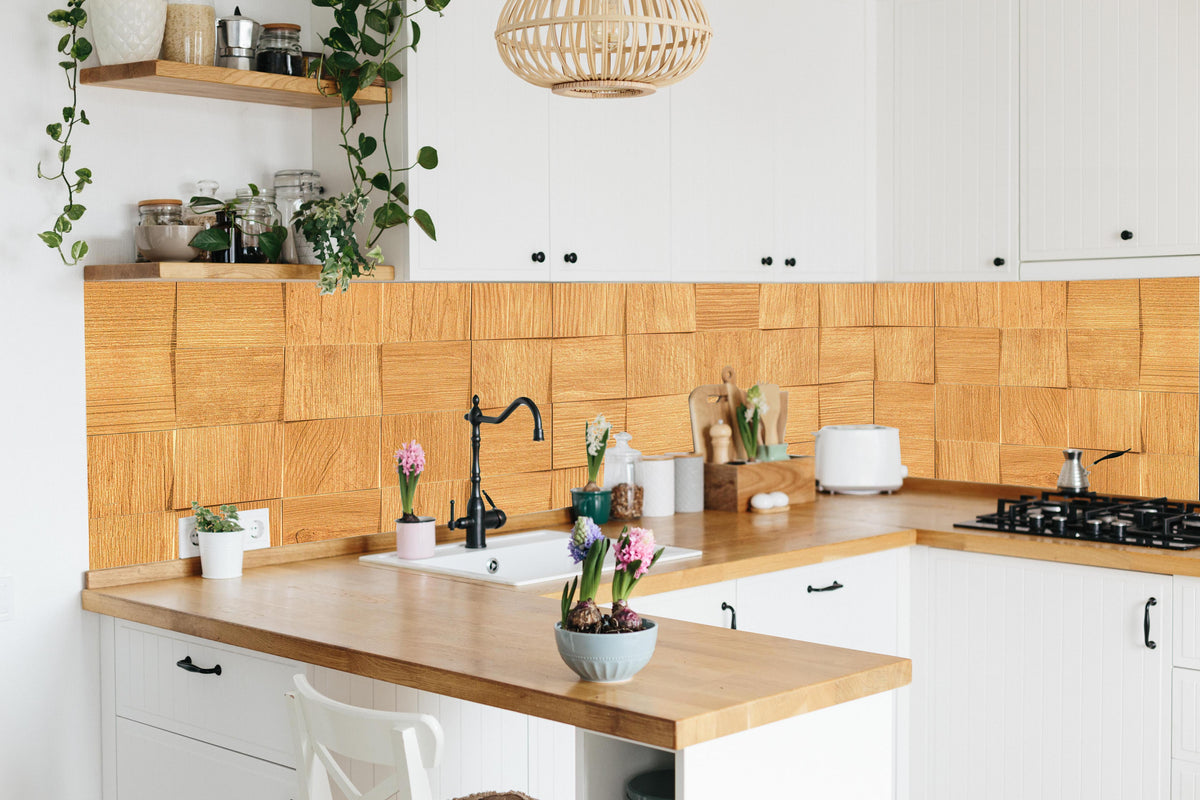 Küche - Braune Holzwürfeltextur in lebendiger Küche mit bunten Blumen