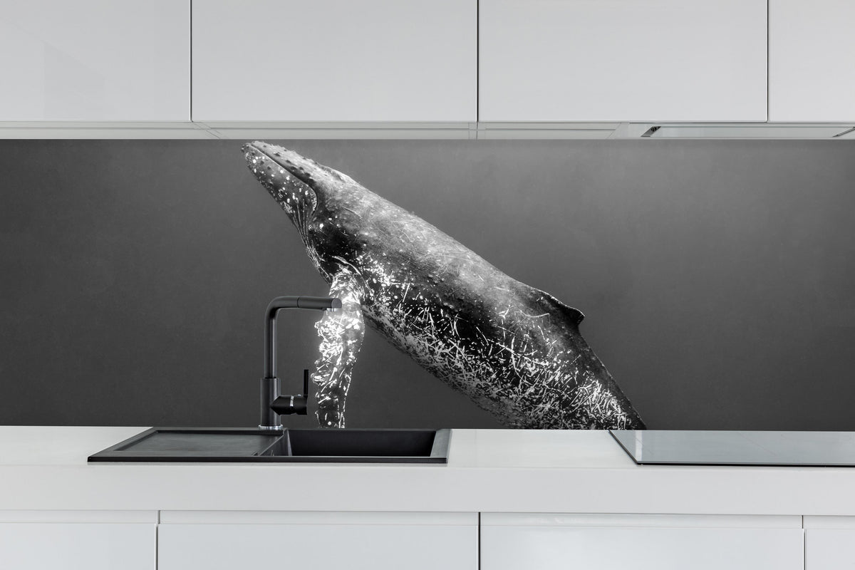 Küche - Buckelwal hinter weißen Hochglanz-Küchenregalen und schwarzem Wasserhahn