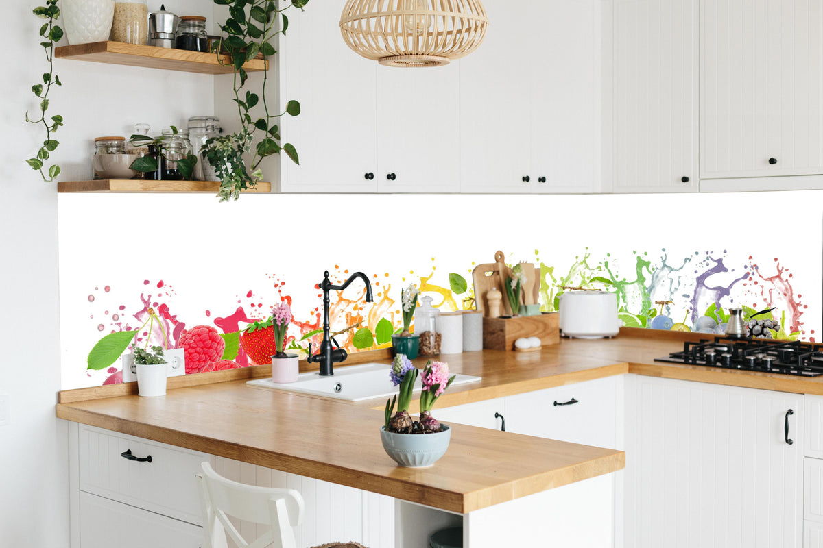 Küche - Bunte spritzige Früchte in lebendiger Küche mit bunten Blumen