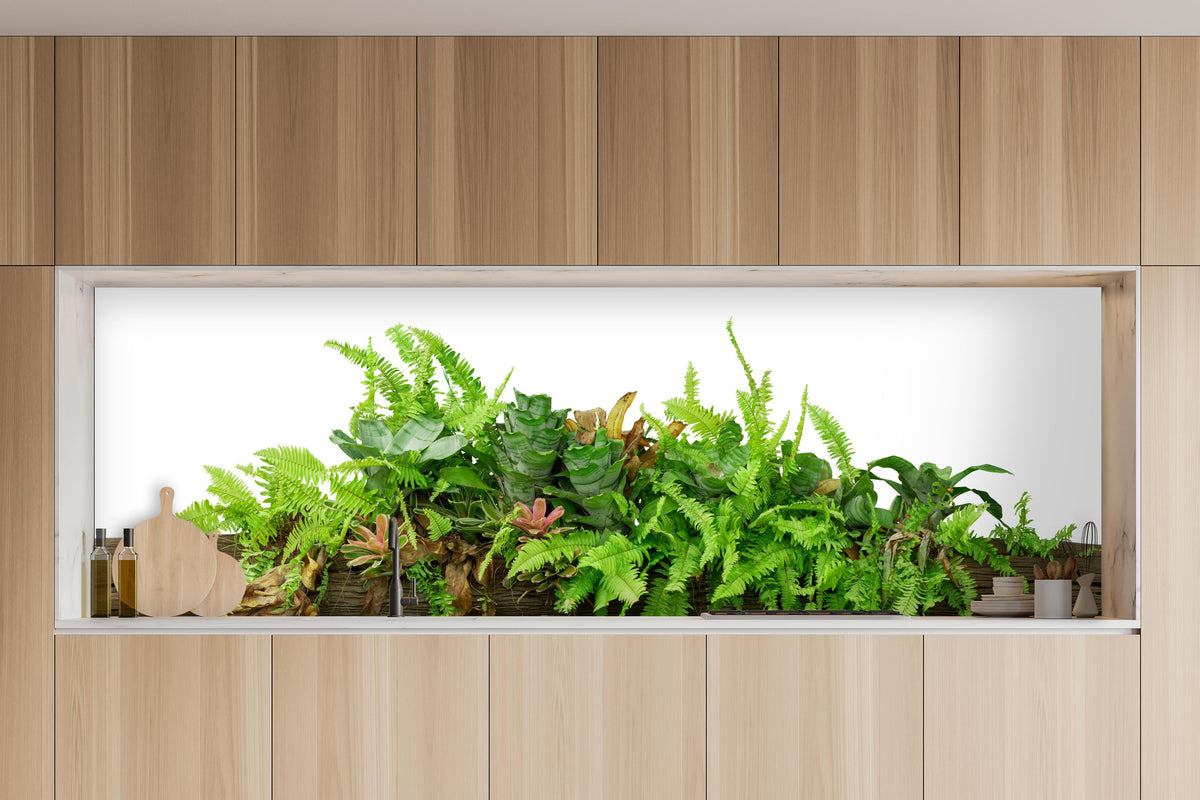 Küche - Dschungelpflanzen auf Holzstamm in charakteristischer Vollholz-Küche mit modernem Gasherd