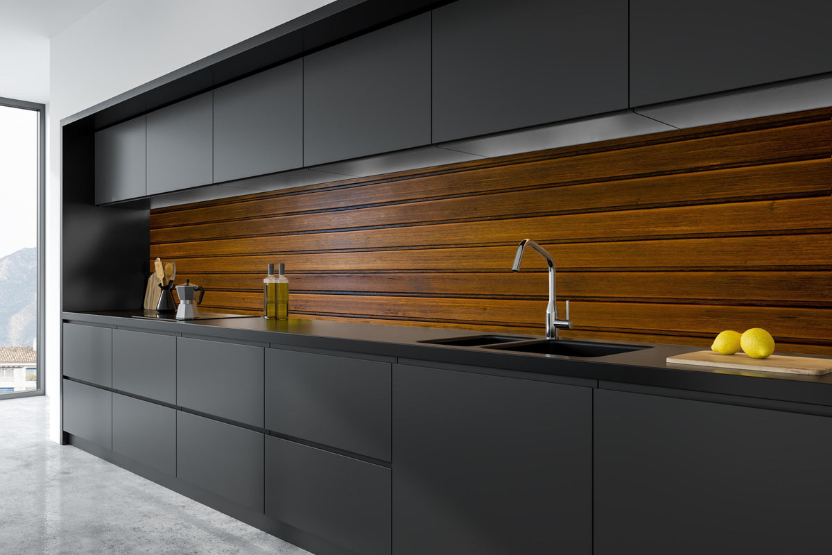 Küche - Dunkelbraune glänzende Holztextur in tiefschwarzer matt-premium Einbauküche