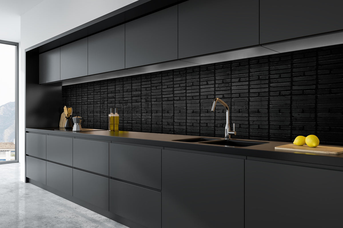 Küche - Dunkelgraue Panorama Mauerwerk in tiefschwarzer matt-premium Einbauküche