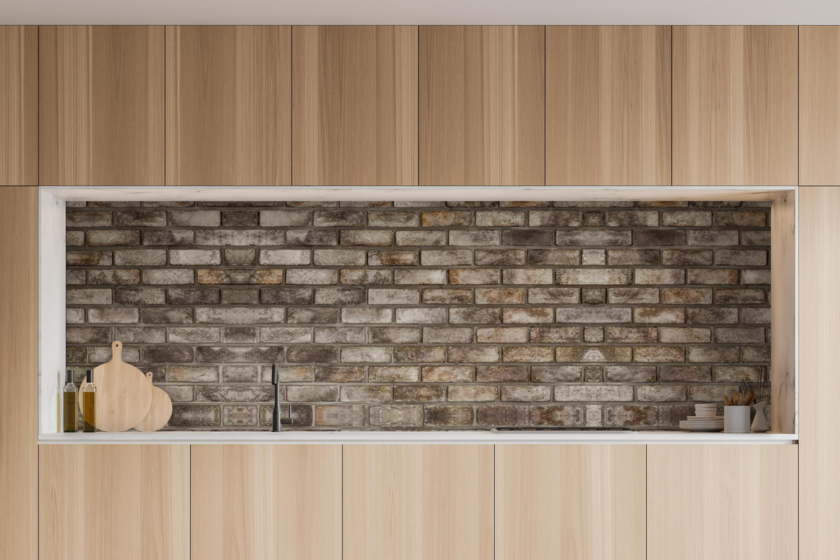 Küche - Dunkle Steinmauer in charakteristischer Vollholz-Küche mit modernem Gasherd