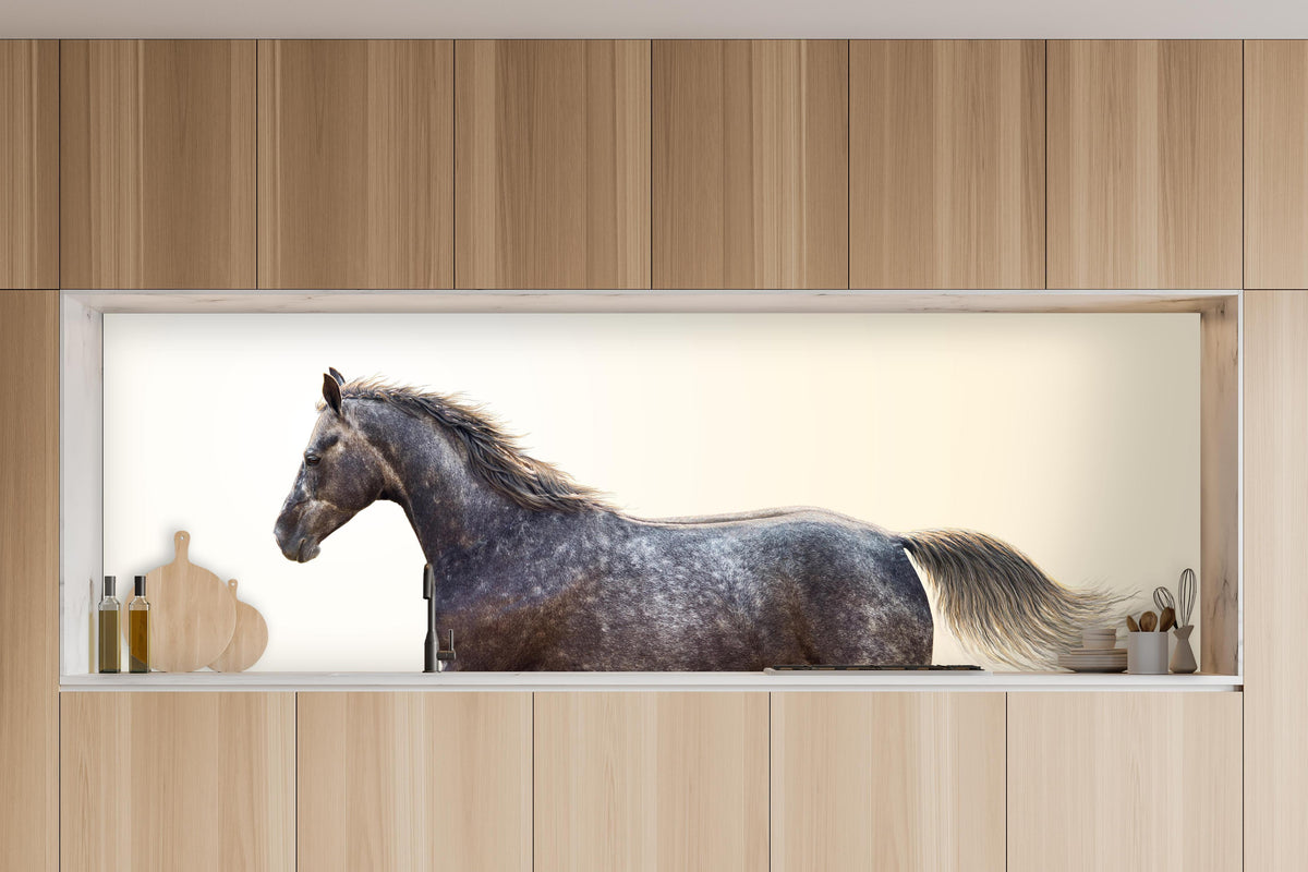 Küche - Ein graues Pferd reitend auf einem Feld in charakteristischer Vollholz-Küche mit modernem Gasherd