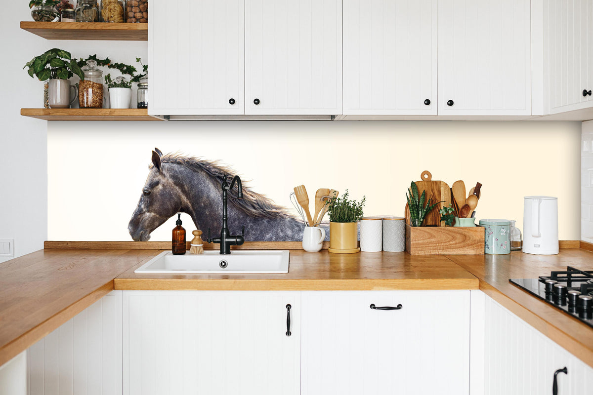 Küche - Ein graues Pferd reitend auf einem Feld in weißer Küche hinter Gewürzen und Kochlöffeln aus Holz