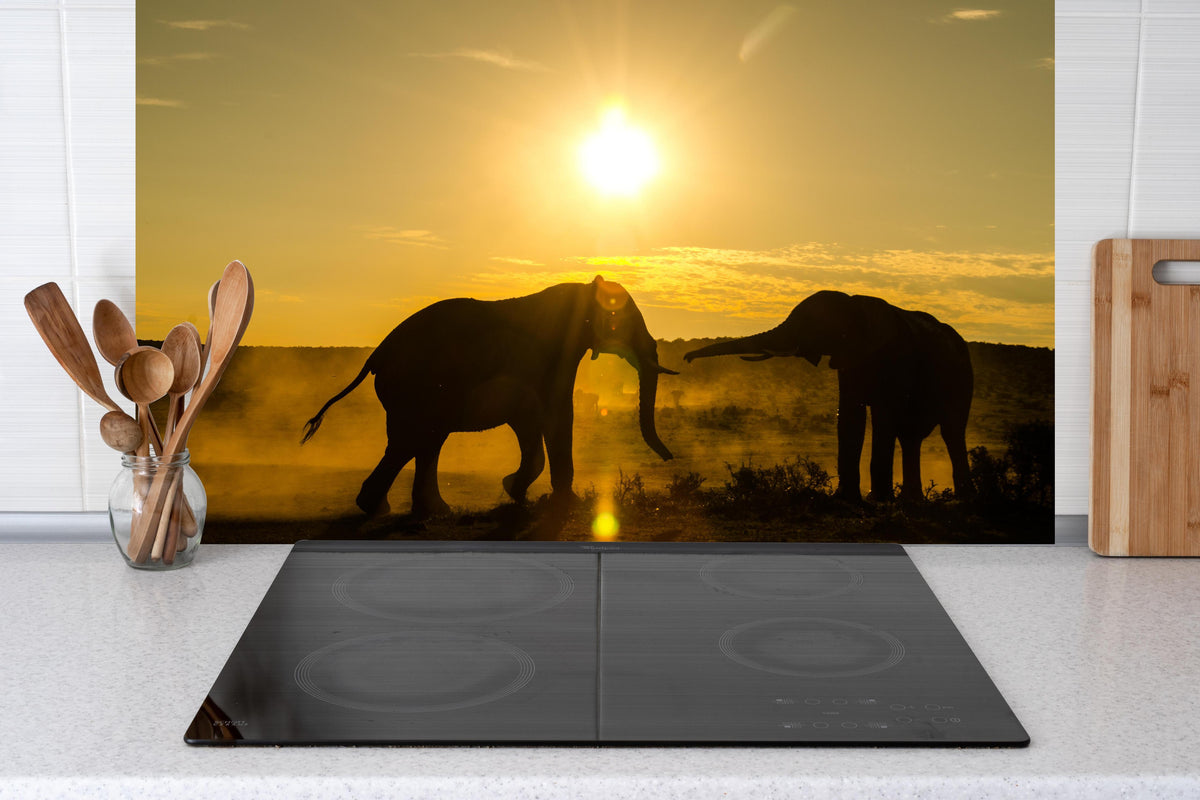 Küche - Elefanten bei Sonnenuntergang hinter Cerankochfeld und Holz-Kochutensilien