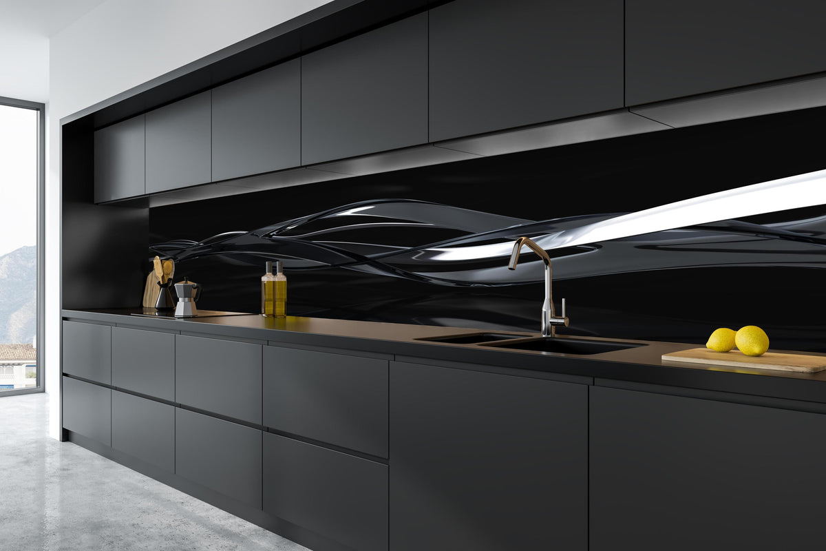 Küche - Elegant fließende Bewegung in tiefschwarzer matt-premium Einbauküche