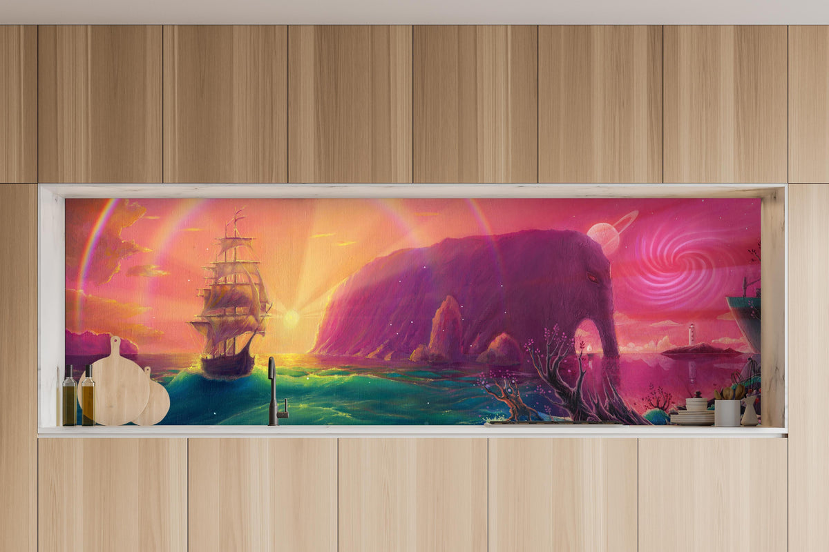 Küche - Fantasy Ölgemälde-Sonnenuntergang Meer in charakteristischer Vollholz-Küche mit modernem Gasherd