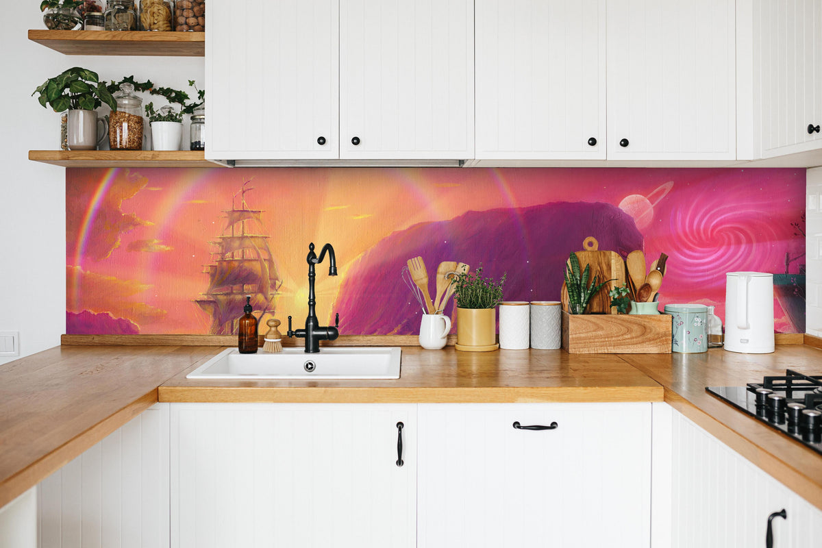 Küche - Fantasy Ölgemälde-Sonnenuntergang Meer in weißer Küche hinter Gewürzen und Kochlöffeln aus Holz