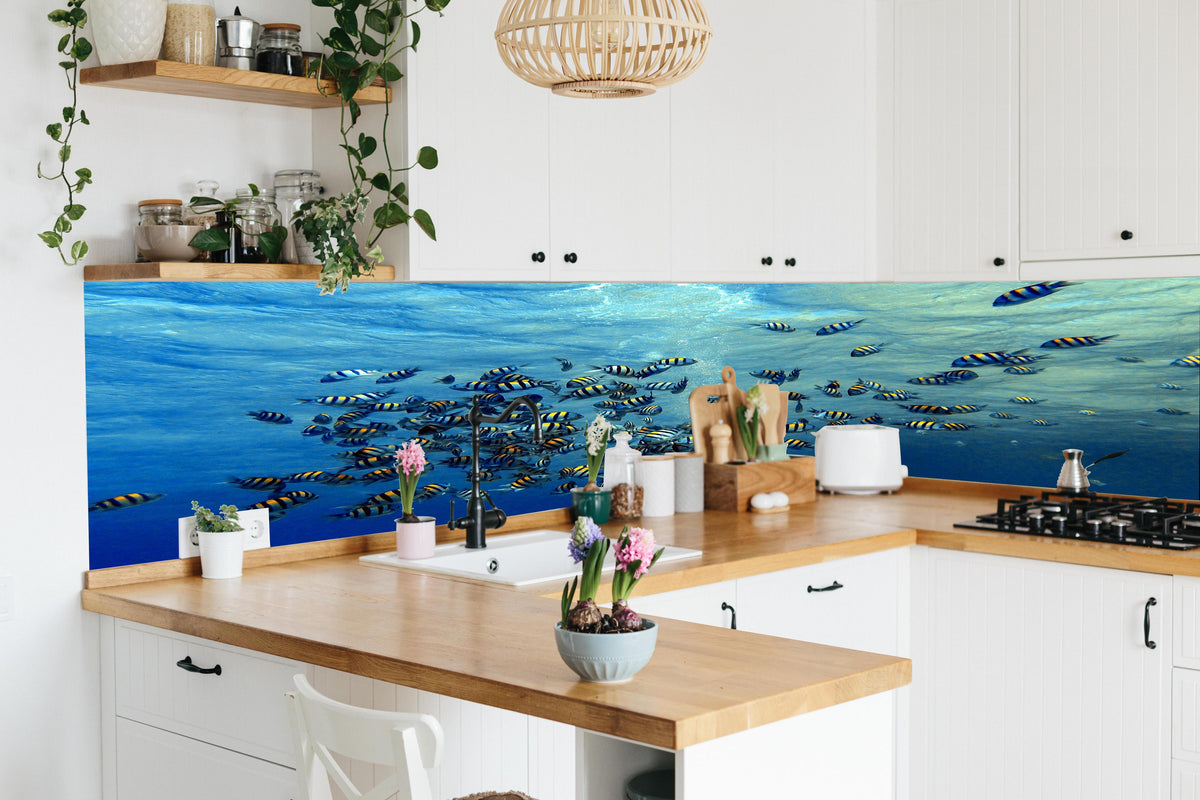 Küche - Fische im klarem Meer in lebendiger Küche mit bunten Blumen