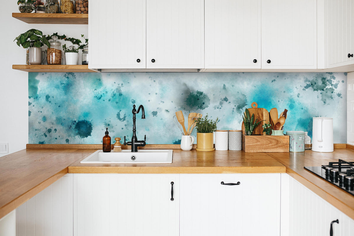 Küche - Flecken auf türkisfarbenen Aquarellhintergrund in weißer Küche hinter Gewürzen und Kochlöffeln aus Holz