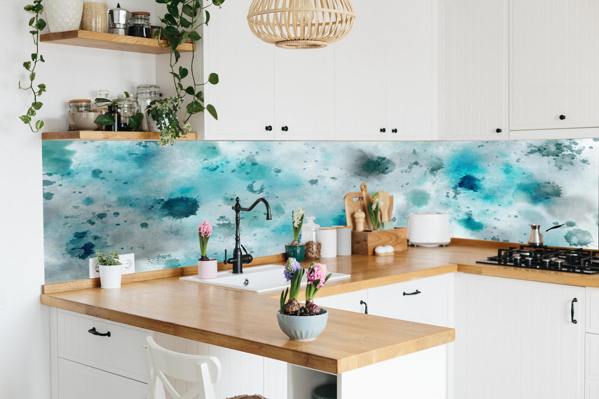 Küche - Flecken auf türkisfarbenen Aquarellhintergrund in lebendiger Küche mit bunten Blumen
