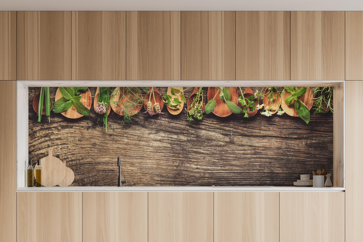Küche - Frische Kräuter auf Holzplatte in charakteristischer Vollholz-Küche mit modernem Gasherd