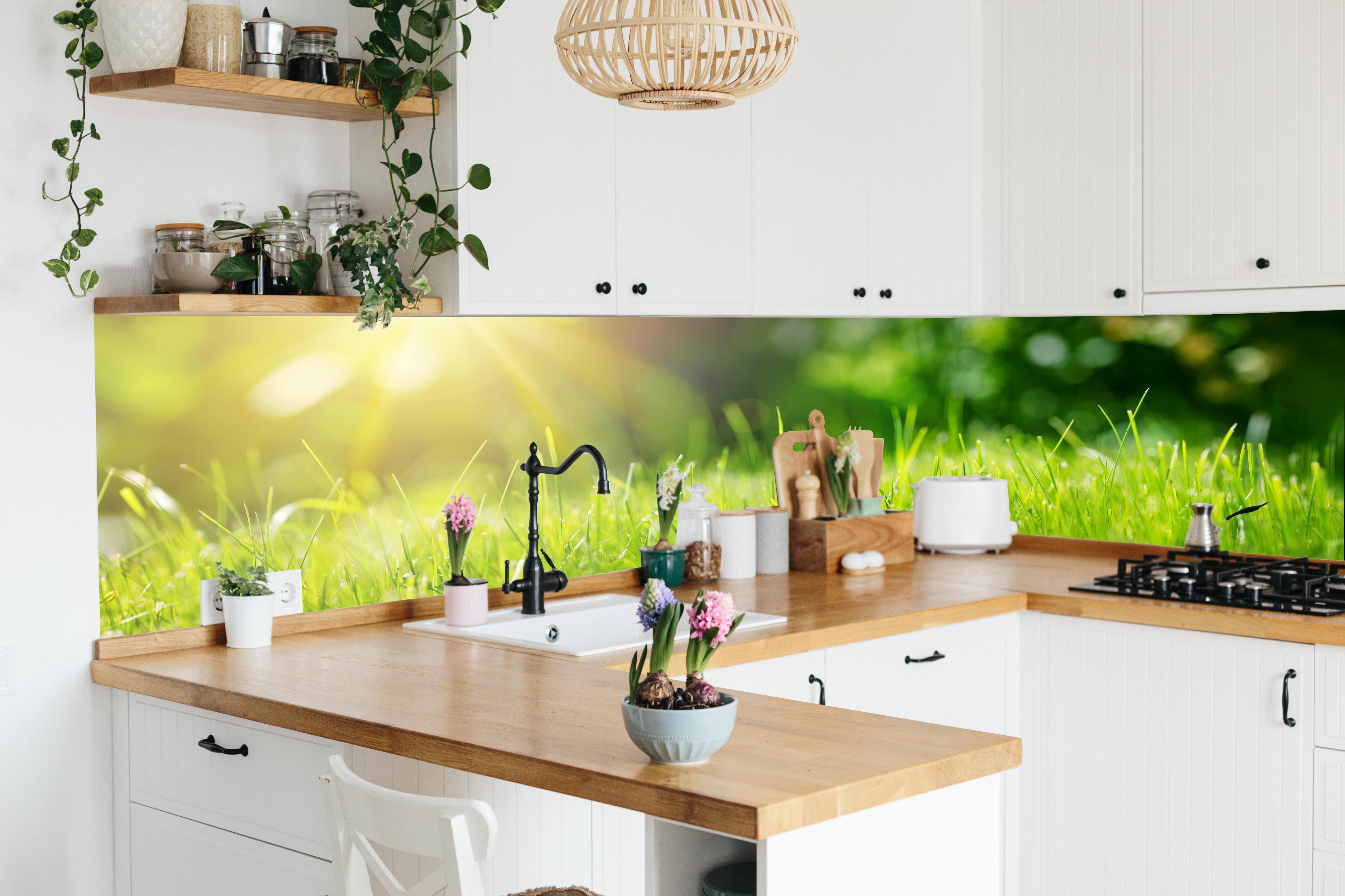 Küche - Frisches grünes Gras in lebendiger Küche mit bunten Blumen