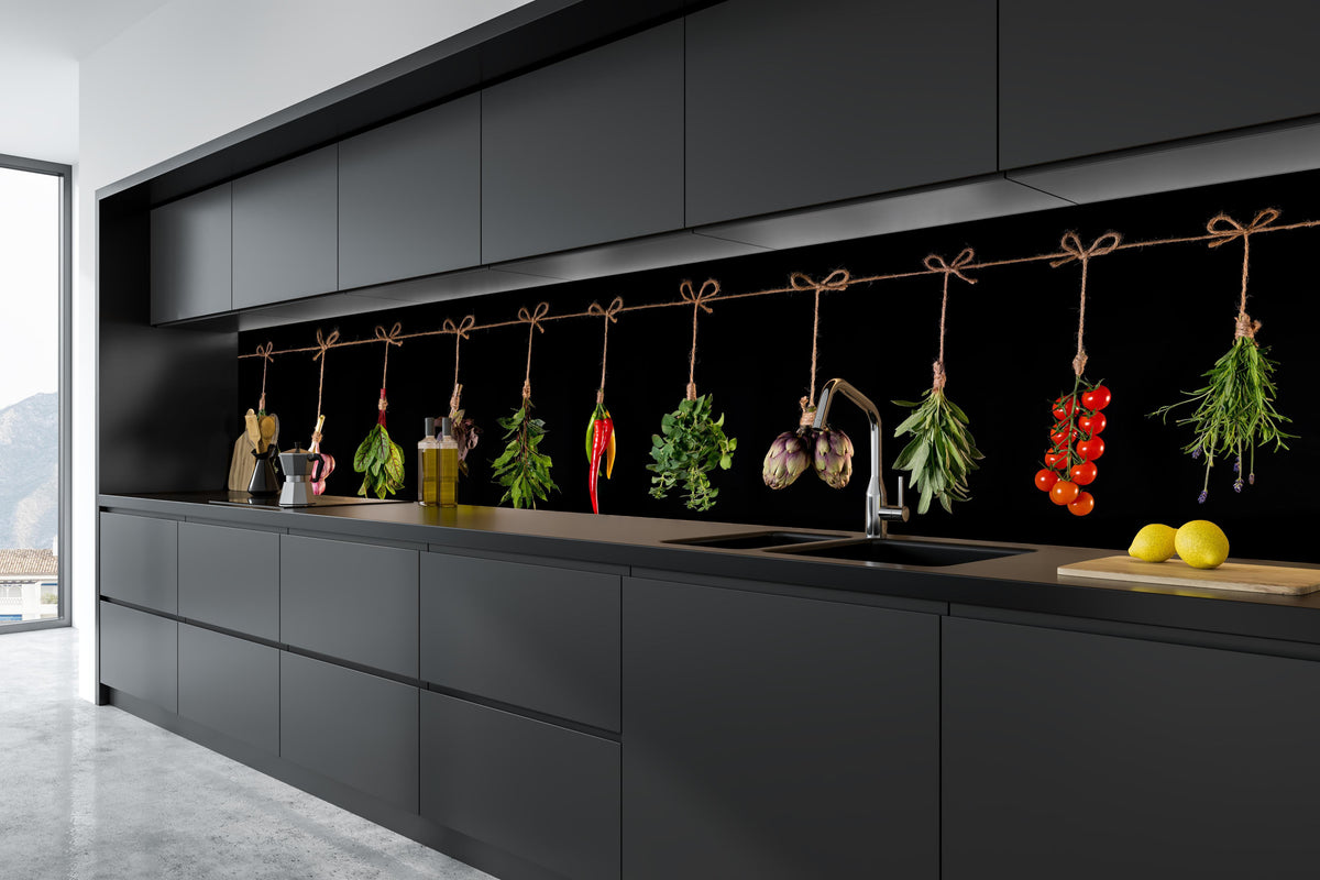 Küche - Gemüse & Kräuter aufgehängt in tiefschwarzer matt-premium Einbauküche