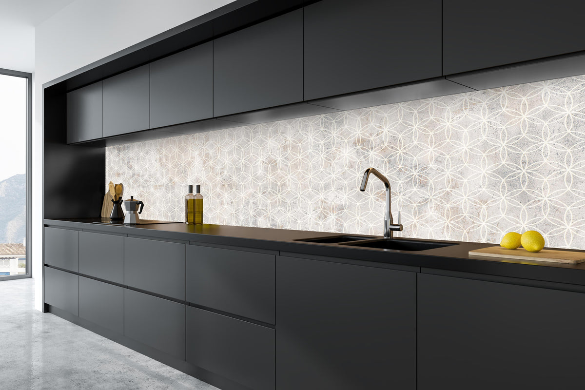 Küche - Geometrisches Beton Mosaik in tiefschwarzer matt-premium Einbauküche