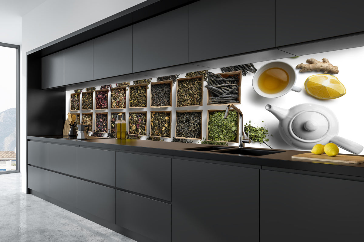 Küche - Gesunde Teesorten in tiefschwarzer matt-premium Einbauküche