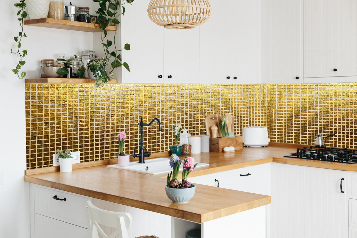 Küche - Goldenes Fliesenmuster in lebendiger Küche mit bunten Blumen