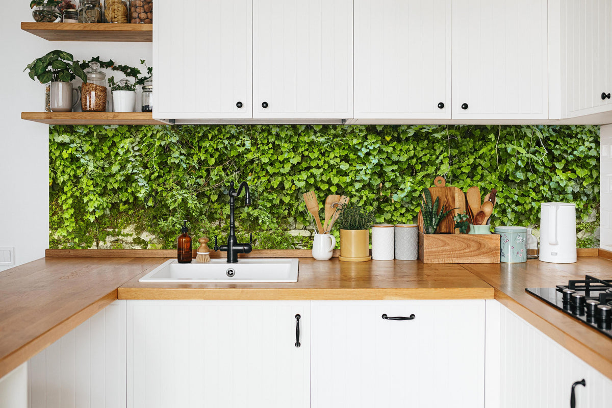 Küche - Grün überwucherte Burgmauer in weißer Küche hinter Gewürzen und Kochlöffeln aus Holz