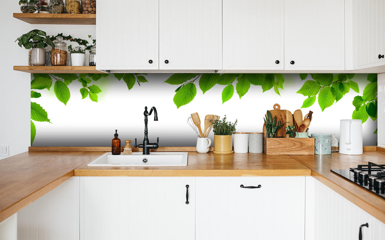 Küche - Grüne Blätter in weißer Küche hinter Gewürzen und Kochlöffeln aus Holz