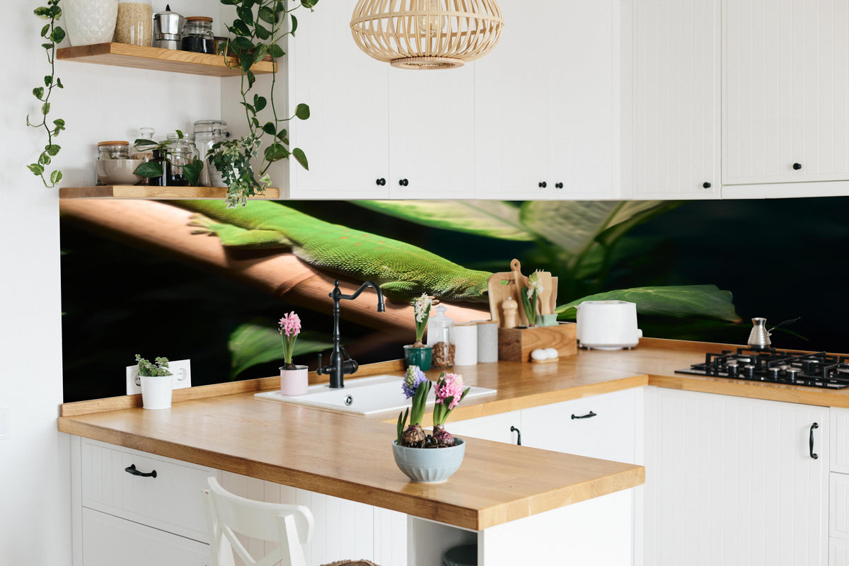 Küche - Grünliche Eidechse in lebendiger Küche mit bunten Blumen