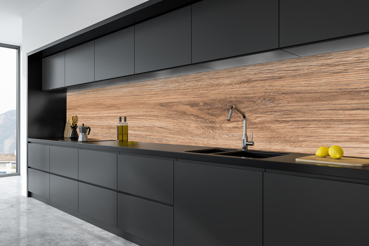 Küche - Heller natürlicher Holzhintergrund in tiefschwarzer matt-premium Einbauküche