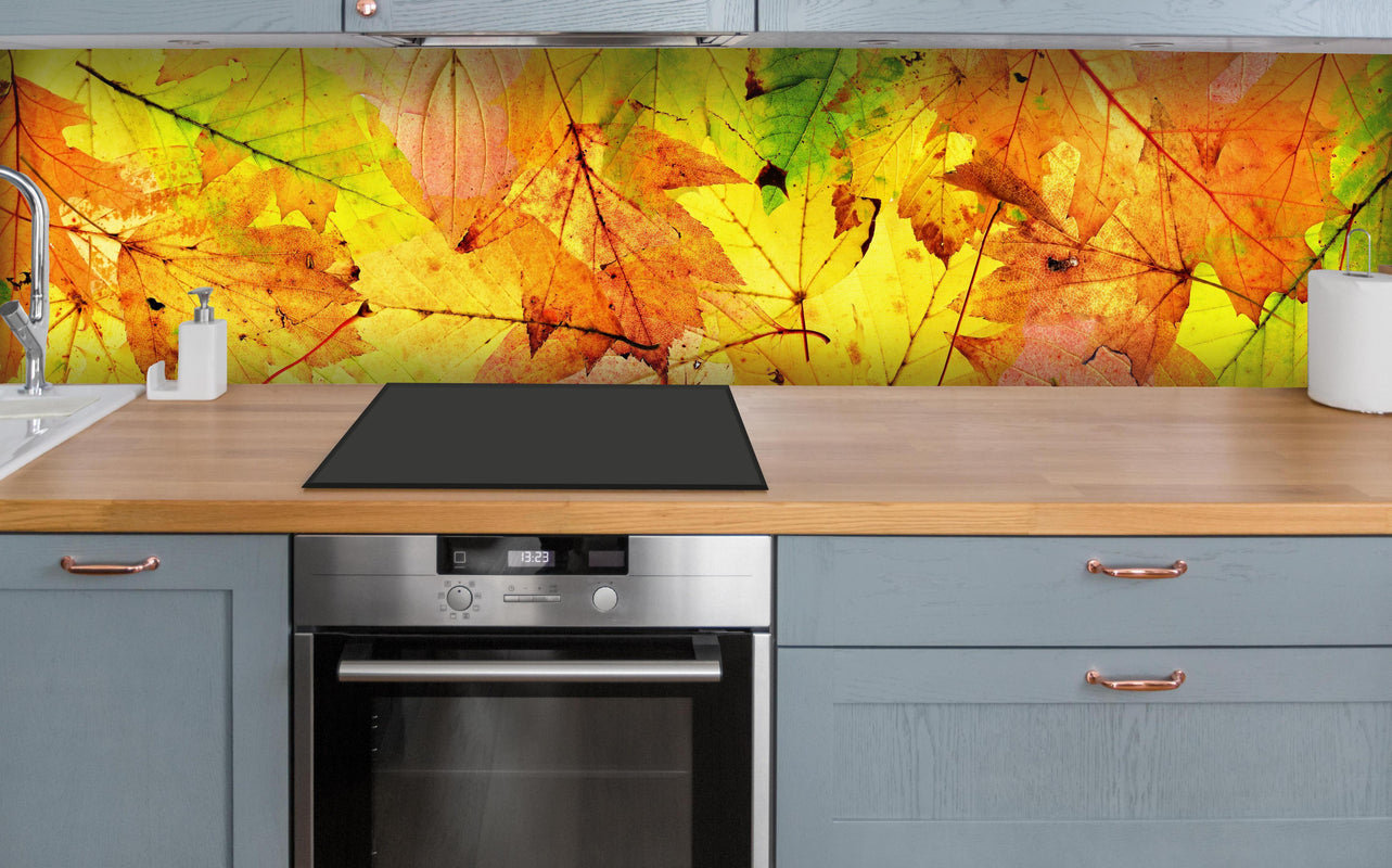 Küche - Herbstblätter Hintergrund über polierter Holzarbeitsplatte mit Cerankochfeld