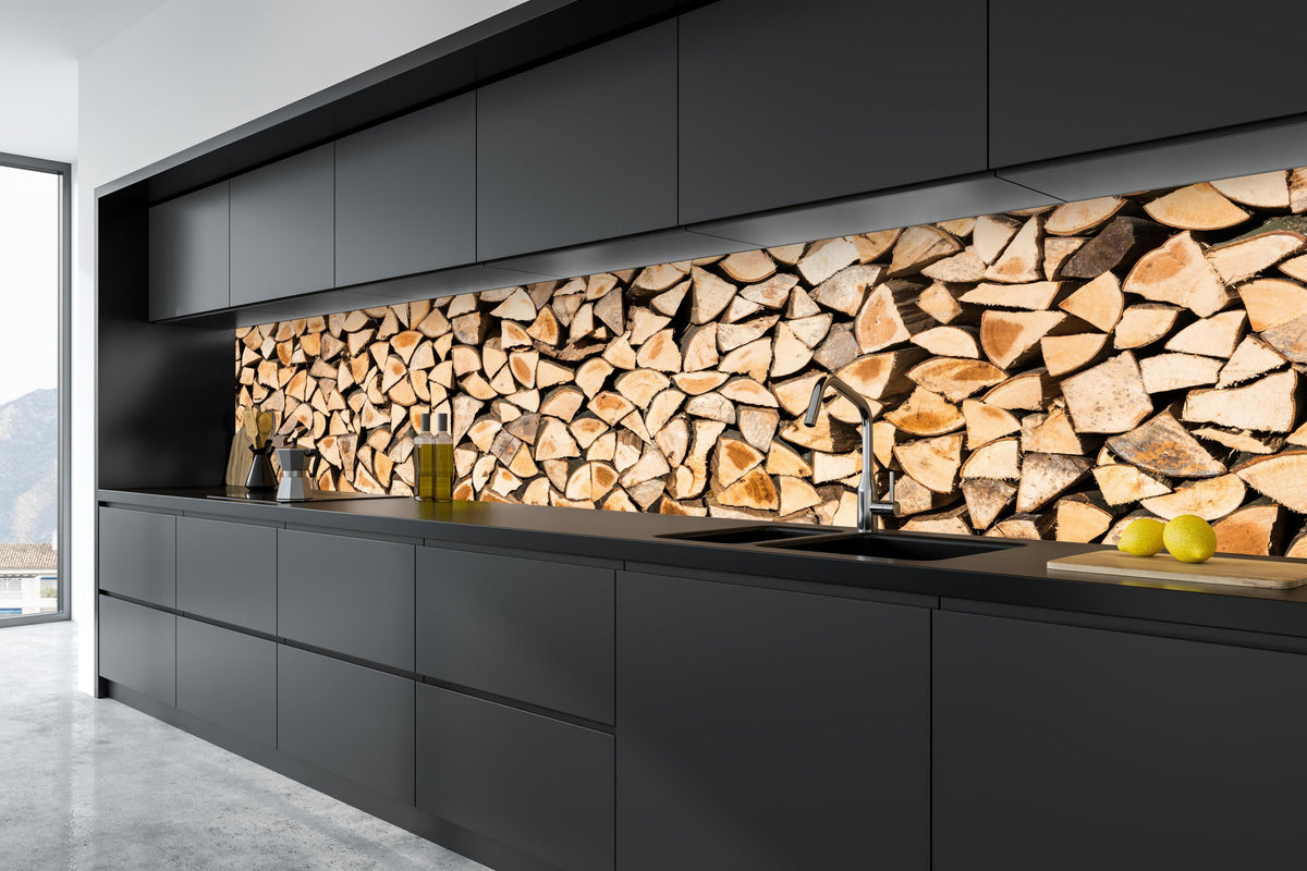 Küche - Holzscheite Panorama in tiefschwarzer matt-premium Einbauküche