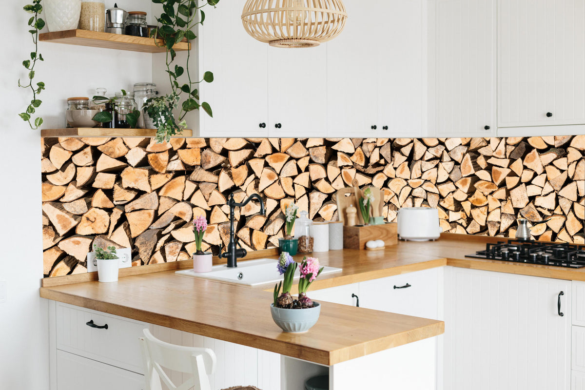 Küche - Holzscheite Panorama in lebendiger Küche mit bunten Blumen