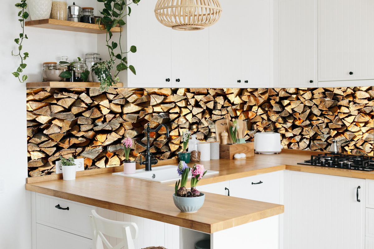 Küche - Holzstämme in lebendiger Küche mit bunten Blumen