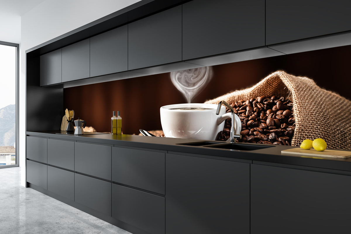 Küche - Kaffeetasse mit herzförmigem Dampf in tiefschwarzer matt-premium Einbauküche