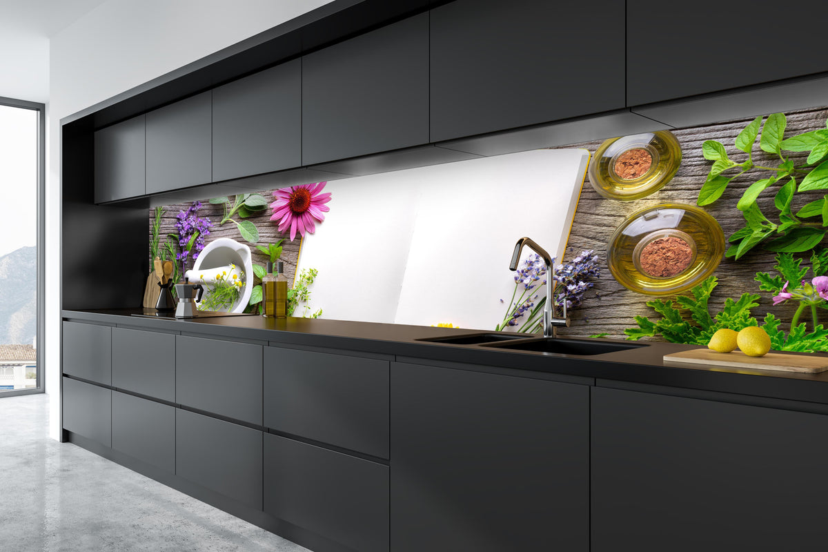 Küche - Kräuter & Blumen in tiefschwarzer matt-premium Einbauküche