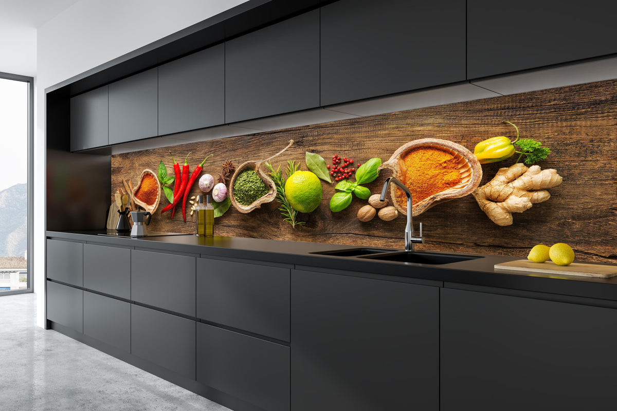 Küche - Kräuter & Gewürze auf Holz in tiefschwarzer matt-premium Einbauküche