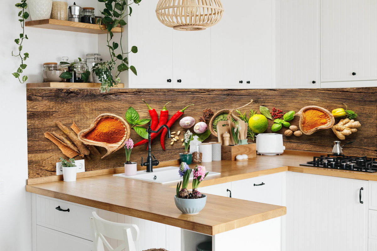 Küche - Kräuter & Gewürze auf Holz in lebendiger Küche mit bunten Blumen