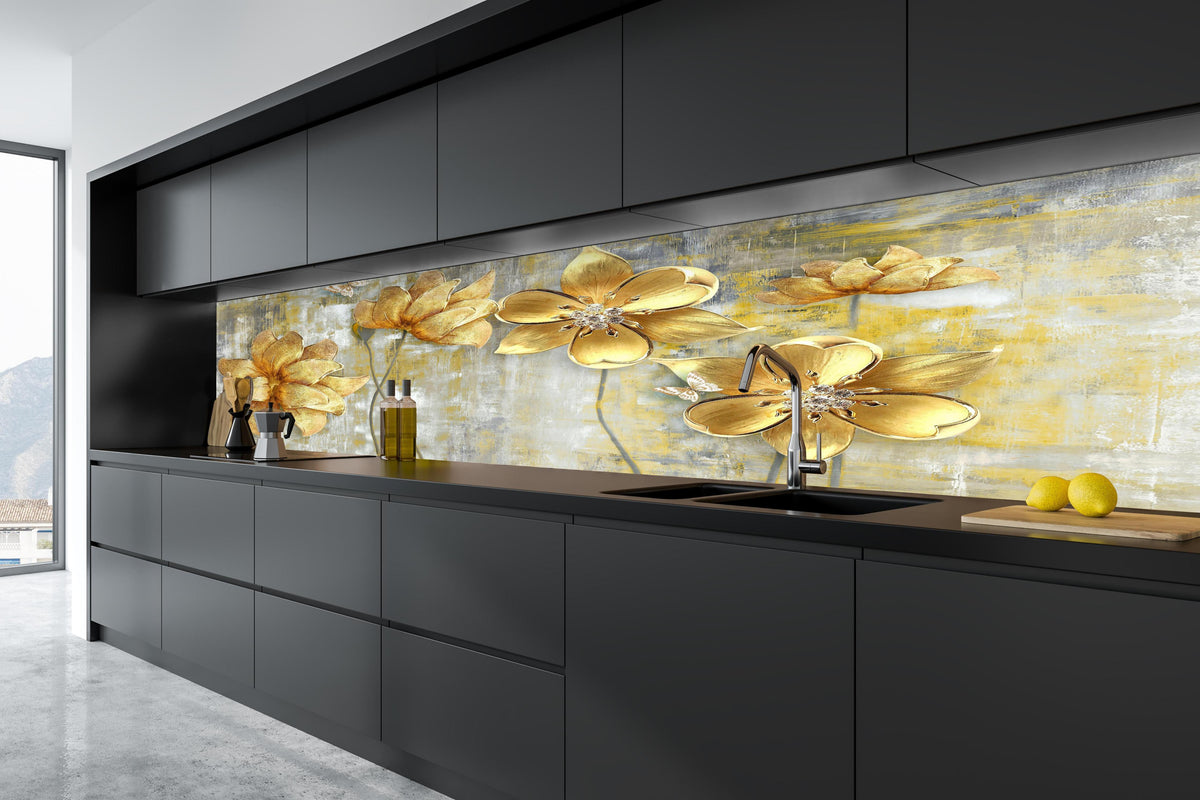 Küche - Künstlerische Blattgold-Blumen in tiefschwarzer matt-premium Einbauküche