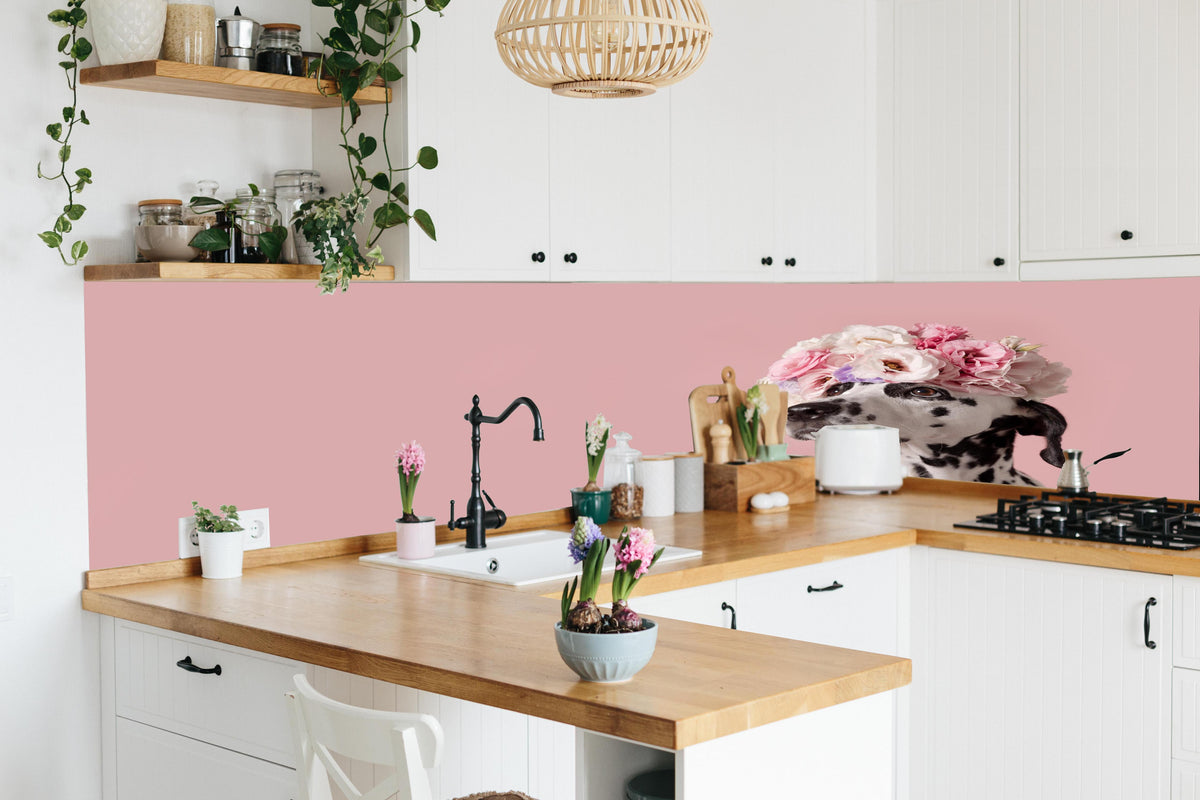 Küche - Liebenswerter Dalmatiner Hund in lebendiger Küche mit bunten Blumen