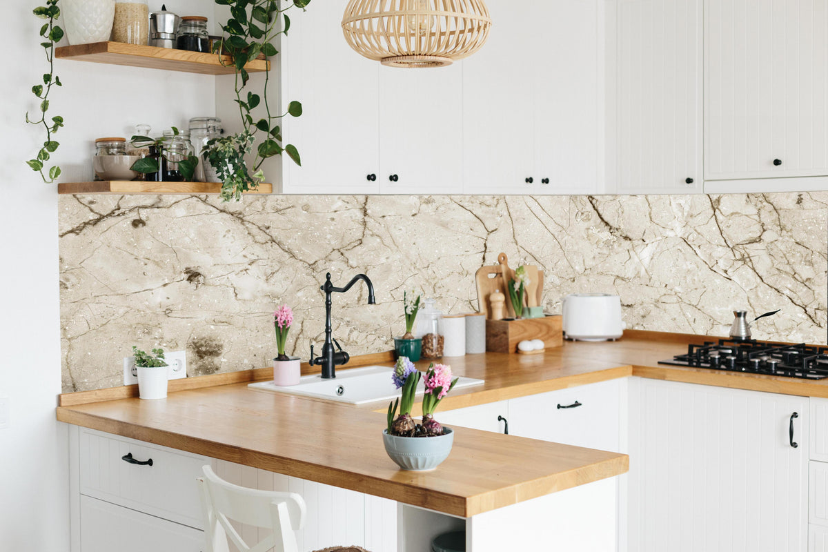 Küche - Marmor Hintergrund - Beige in lebendiger Küche mit bunten Blumen
