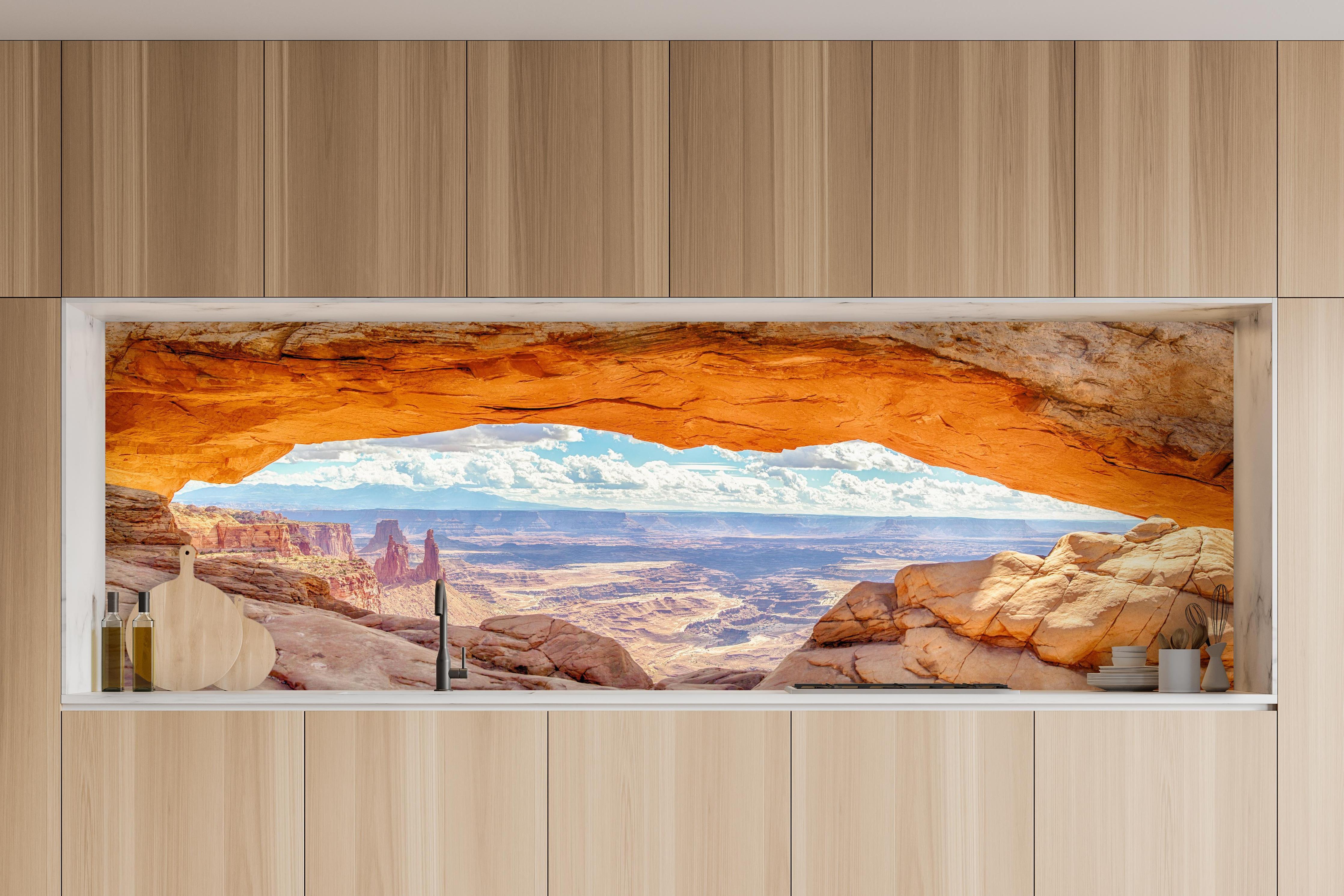 Küche - Mesa Arch-Panorama bei Sonnenaufgang in charakteristischer Vollholz-Küche mit modernem Gasherd