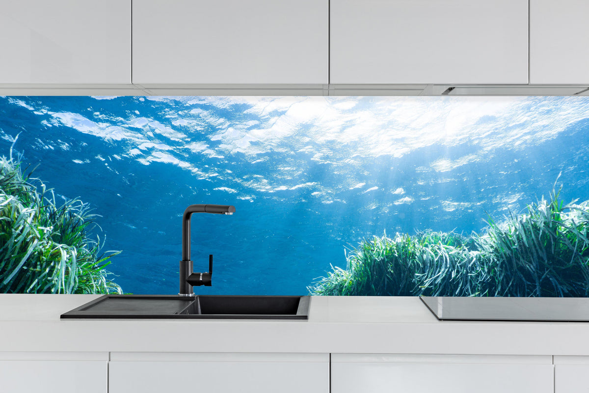 Küche - Mesmerizing Unterwasser hinter weißen Hochglanz-Küchenregalen und schwarzem Wasserhahn