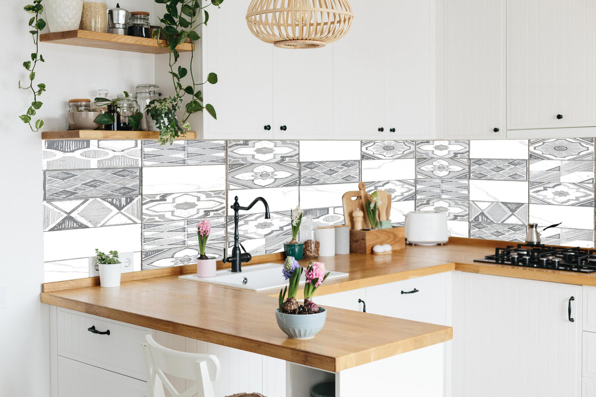 Küche - Nahtloses monochromes Muster in lebendiger Küche mit bunten Blumen