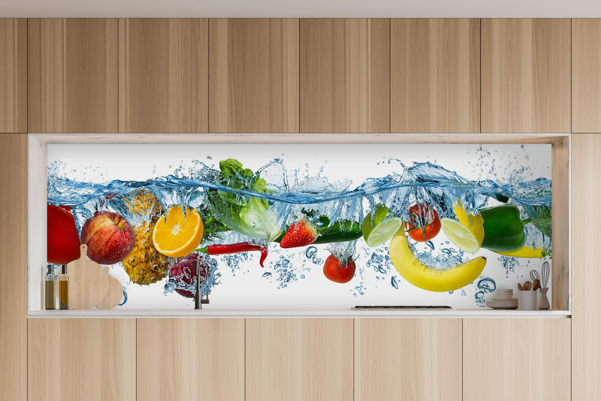 Küche - Obst & Gemüse im Wasser in charakteristischer Vollholz-Küche mit modernem Gasherd