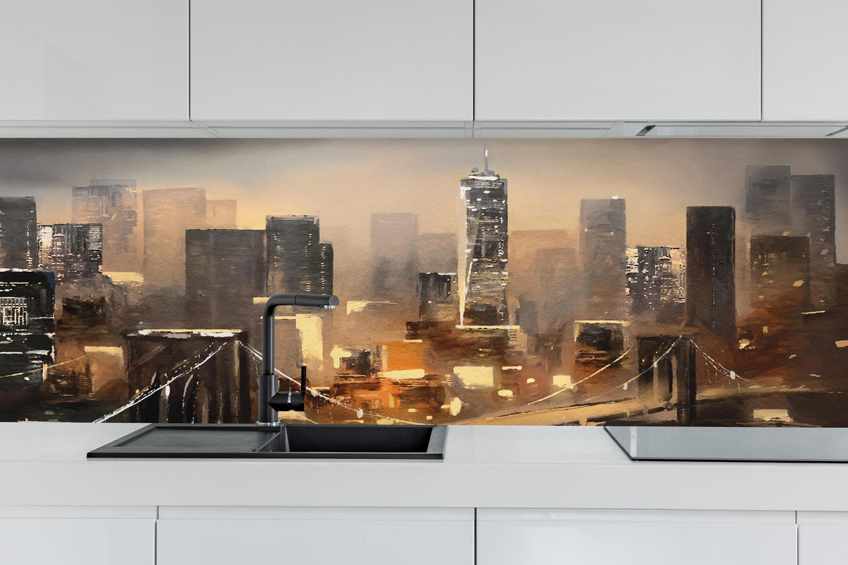 Küche - Ölgemälde auf Leinwand - Ansicht von New York hinter weißen Hochglanz-Küchenregalen und schwarzem Wasserhahn