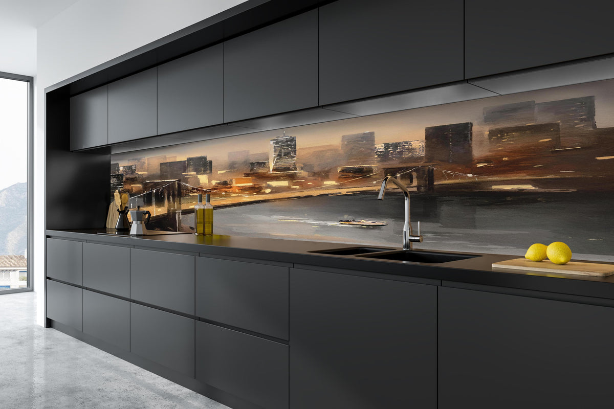 Küche - Ölgemälde auf Leinwand - Ansicht von New York in tiefschwarzer matt-premium Einbauküche