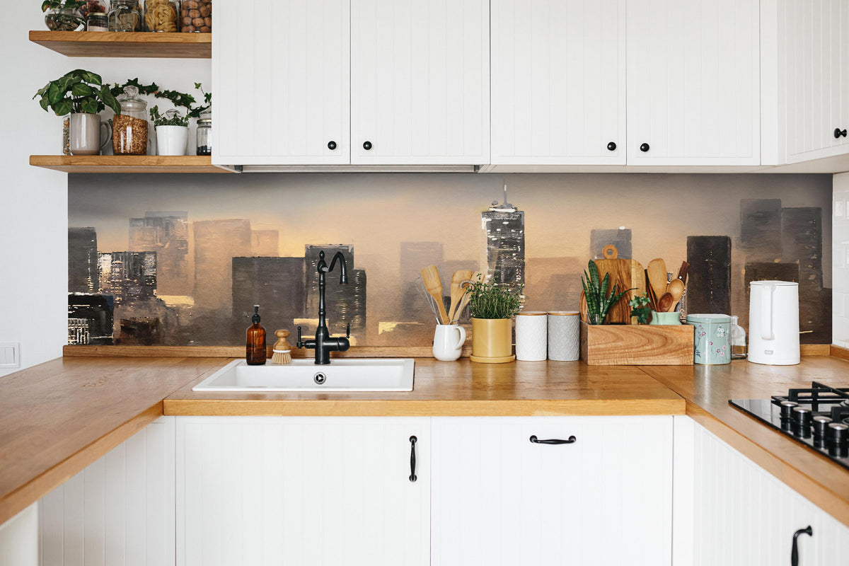Küche - Ölgemälde auf Leinwand - Ansicht von New York in weißer Küche hinter Gewürzen und Kochlöffeln aus Holz