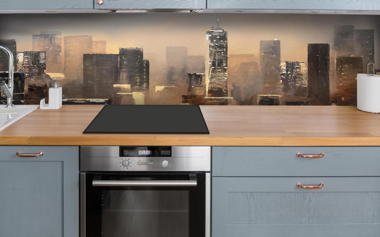 Küche - Ölgemälde auf Leinwand - Ansicht von New York über polierter Holzarbeitsplatte mit Cerankochfeld