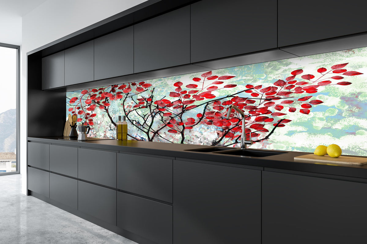 Küche - Ölmalerei von roten Blättern im Frühling in tiefschwarzer matt-premium Einbauküche