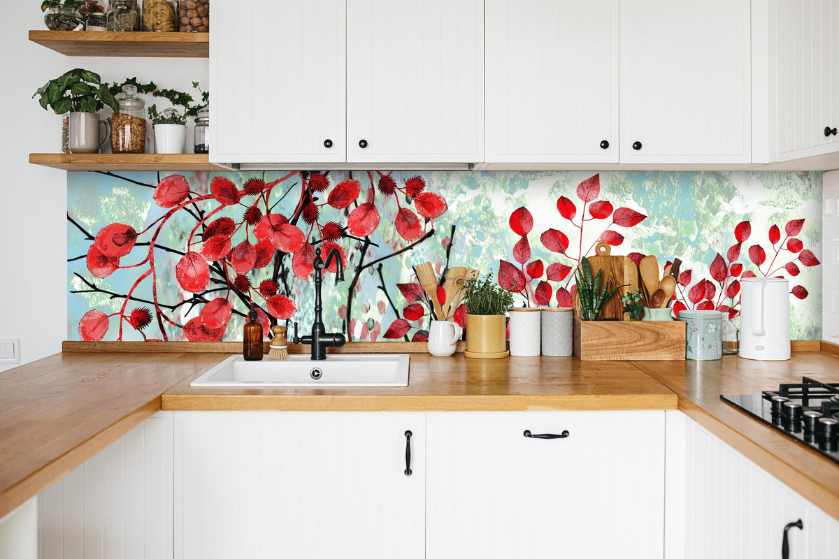 Küche - Ölmalerei von roten Blättern im Frühling in weißer Küche hinter Gewürzen und Kochlöffeln aus Holz