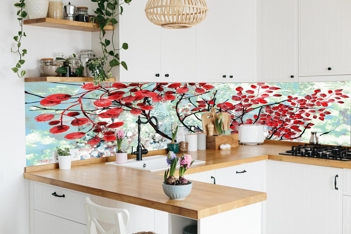 Küche - Ölmalerei von roten Blättern im Frühling in lebendiger Küche mit bunten Blumen